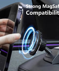 Tesla Magnetic Phone Mount For Model 3 Highland 2024 And Model Y Juniper 2025 Refresh Driver Side Corner Vent No Fuss Install Fixed Base 360 Degree Rotating Head MagSafe Ready Black showing strong MagSafe compatibility