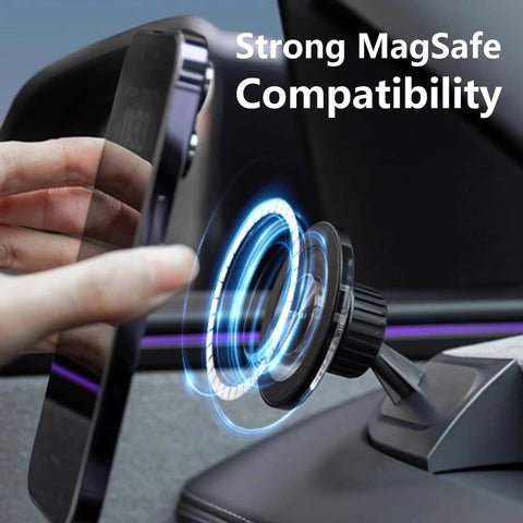 Tesla Magnetic Phone Mount For Model 3 Highland 2024 And Model Y Juniper 2025 Refresh Driver Side Corner Vent No Fuss Install Fixed Base 360 Degree Rotating Head MagSafe Ready Black showing strong MagSafe compatibility