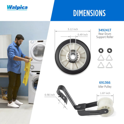 Complete Dryer Repair Kit With Belt, Two Drum Rollers, Idler Pulley, And Door Switch, including 349241T drum roller layout