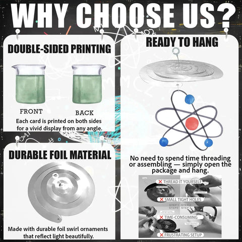 Why choose us graphic for 40 Pack Science Hanging Decorations For Kids Birthday Parties And STEM Classrooms, Beaker And Atom Themed Ceiling Danglers, Microscope Shapes, Colorful Science Party Decor For Home Or School, featuring double-sided printing, durable foil material, and ready-to-hang design.