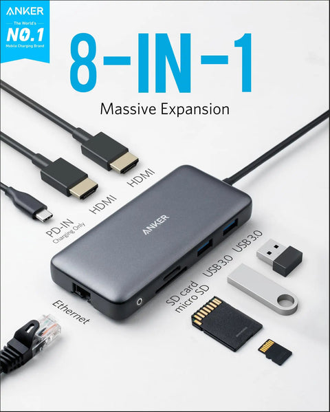 Dual 4K USB C Docking Station For Laptops With 2 HDMI Ports, 8 In 1 Hub, 85W Power Delivery, Ethernet, SD Card Reader, 2 USB A Ports