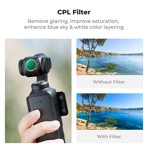 Premium Magnetic Wide Angle Lens And ND CPL Filter Kit For Osmo Pocket 4/3 With Black Diffusion 1/4 showing filter effect comparison