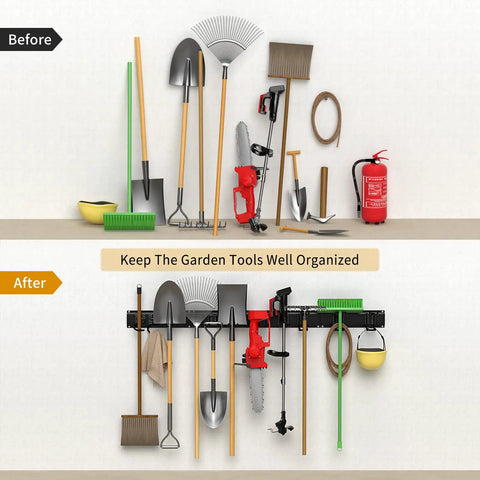 Before and after of Easy Install Garage Tool Organizer Wall Mount Kit With 11 Pieces And Eight Heavy Duty Hooks organizing yard tools.