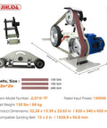 Heavy Duty Badass 2X72 Belt Grinder Sander Workbench With 1500W Pure Copper Motor, showing dimensions and components, including belts.
