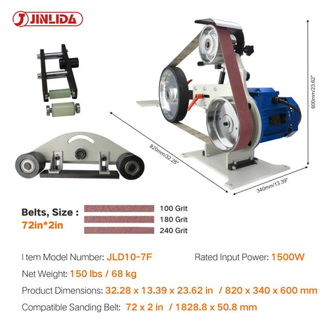 Heavy Duty Badass 2X72 Belt Grinder Sander Workbench With 1500W Pure Copper Motor, showing dimensions and components, including belts.