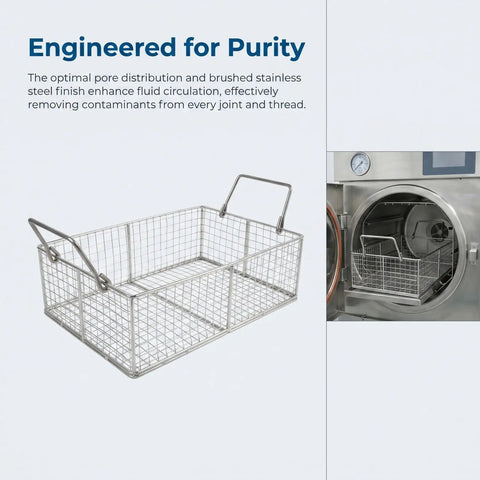 Heavy Duty Stainless Steel Cleaning Basket For Ultrasonic Cleaner shown with handles, ideal for delicate jewelry and clinic gear.