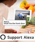 Person using Alexa to view security footage from No Fuss Solar Security Camera Outdoor Wireless Battery Powered on tablet