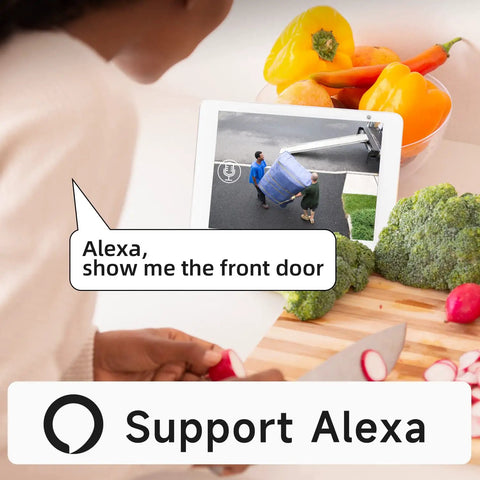 Person using Alexa to view security footage from No Fuss Solar Security Camera Outdoor Wireless Battery Powered on tablet