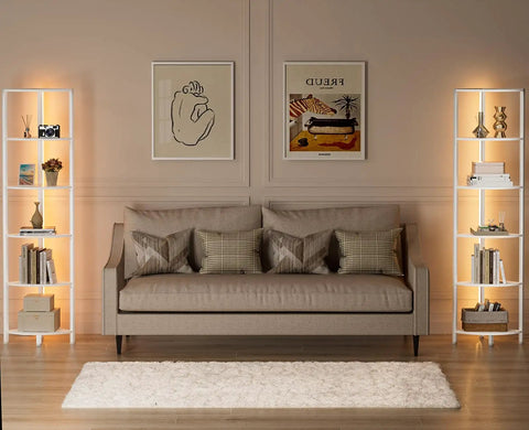 Living room with two Six Tier Corner Shelf With LED Light, 67.5 Inch Tall White Narrow Bookshelf flanking a sofa