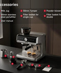 Top Tier Espresso Machine With Built In Conical Burr Grinder And Thirty Adjustable Levels accessories including milk jug, tamper, and filter baskets.