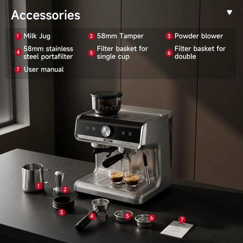 Top Tier Espresso Machine With Built In Conical Burr Grinder And Thirty Adjustable Levels accessories including milk jug, tamper, and filter baskets.