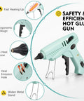 60-100W Hot Glue Gun Full Size Dual Power High Temp Melt Glue Gun Kit with 30 Sticks Finger Caps and Protective Mat for Arts Crafts and Household Use Pro Grade All In One Kit Green showing ergonomic design, anti-heat silicone, and fast heating up features.