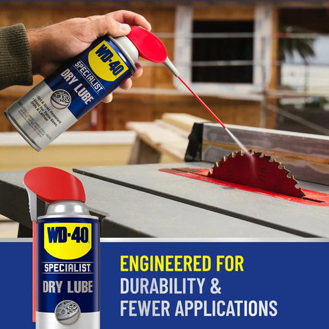 Person using Go-To Dry Lube For Locks, Machinery And Tools With Heavy-Duty Strength, 12.1 Oz Can on table saw blade