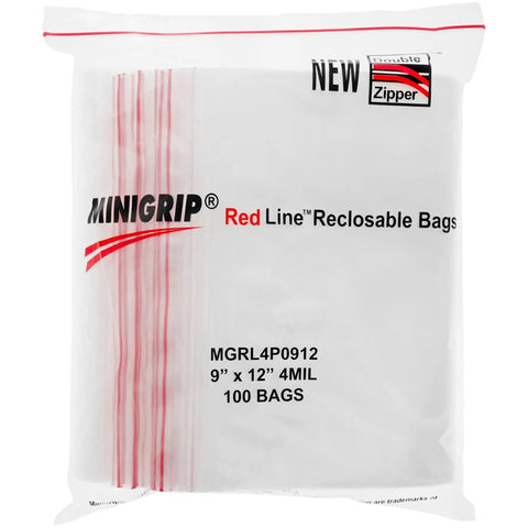 Red Line 9x12 Inch Zipper Reclosable Bags, 4 Mil Clear Poly Bags Food Safe, Easy Seal, Transparent Storage Bags Pack of 200 for Organization and Kitchen Use; 100-bag pack