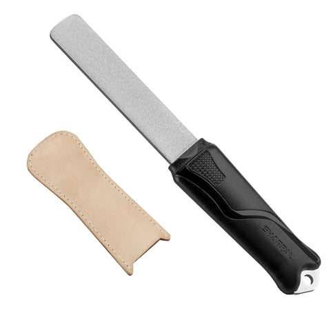 Workhorse Dual Grit Diamond Sharpening Stone With Leather Strop for Lawn Tools and Garden Gear, black handle, beige cover