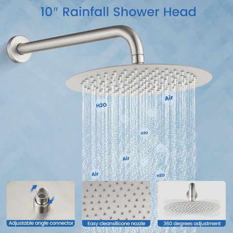 Do It All Three Function Shower System With Tub Spout And Ten Inch Round Rainfall Shower Head Handheld Spray Includes Rough In Valve