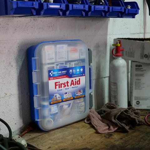 First Aid Only OSHA first aid kit, 335-piece blue plastic case, front view.