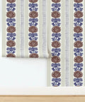 Rustic Stripes Wallpaper With Matte Linen Texture And Pvc Free Finish Heavy Duty Commercial Grade Wallcovering showing blue and brown floral patterns.