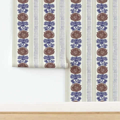 Rustic Stripes Wallpaper With Matte Linen Texture And Pvc Free Finish Heavy Duty Commercial Grade Wallcovering showing blue and brown floral patterns.
