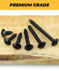 100 Pack Size Six Black Truss Head Self Tapping Screws For Wood Sheet Metal And Plastic Stainless Steel 304 Rust Resistant With Black E Coating Phillips Bit Included One Inch Length Ideal For Indoor And Outdoor Projects displayed on wood