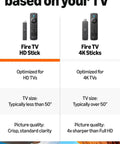 Image comparing Fire TV Stick HD and 4K models with remote, showing optimization for different TV sizes and picture quality.