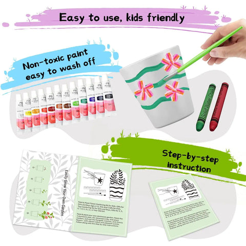 Paint And Plant Kid Friendly Gardening Kit For Boys And Girls, Fun Flower Pot Painting Set with paints, instructions, and markers.