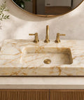 Top Shelf Hand Carved Afyon Honey Marble Bathroom Vanity Sink With Slick Countertop Setup And Durable Natural Stone Craft For Upscale Residential Or Swanky Commercial Decor, 18x14x5 inch details.