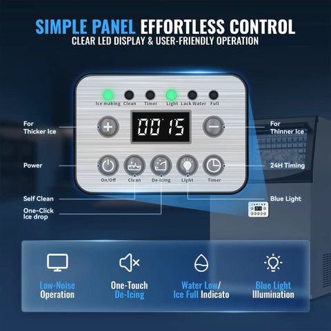 Heavy Duty Commercial Ice Maker Churning Out 110 Pounds Of Frosty Cubes Every 24 Hours With A Roomy 33 Pound Holder And No Sweat Self Cleaning Setup control panel features clear LED display
