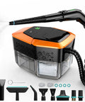 Powerful Handheld Steam Cleaner 2500W High Temp features black and orange design with multiple accessories for easy deep cleaning.