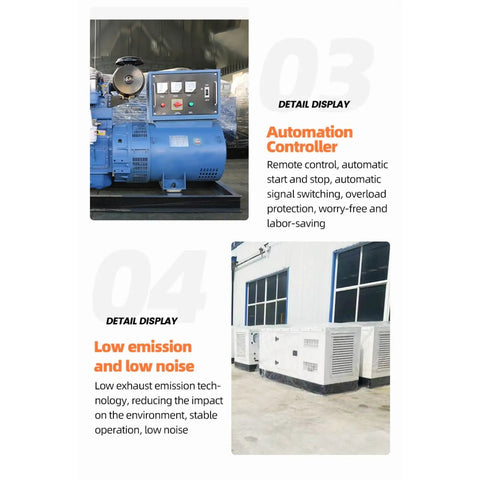 Silent Backup Generator Set Heavy Duty Power Supply Super Quiet Operation For Home Office And Light Commercial Use Rock Solid Reliability With Plug And Play Install showing automation controller and emission details.