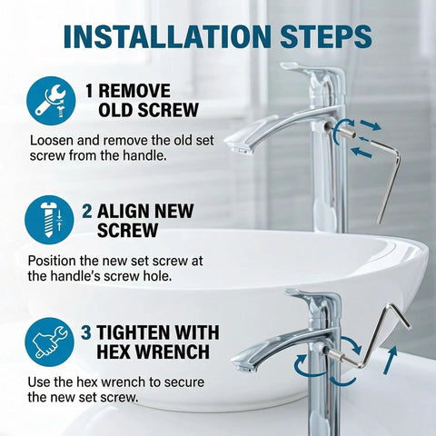 Installation steps for Pro Grade Stainless Steel Set Screw Kit For Kitchen Faucets And One Handle Lavatory with hex wrench
