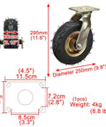 Heavy Duty Pneumatic Rubber Castor Wheels Provide Silent Gliding And Grippy Traction On Rough Grounds, diameter 250mm, with measurements displayed.