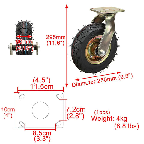 Hardcore Heavy Duty Swivel Caster Set Of Two Built Tough Pneumatic Rubber Wheels With Sturdy Steel Plates Quiet Shock Absorbing Design For Cart Dollies And Workbenches Smooth Roll Approved, dimensions and design features.