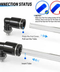 Connection steps for 6mm Tube OD To M5 Male Elbow Push To Connect Pneumatic Fittings, showing insert and pull actions.