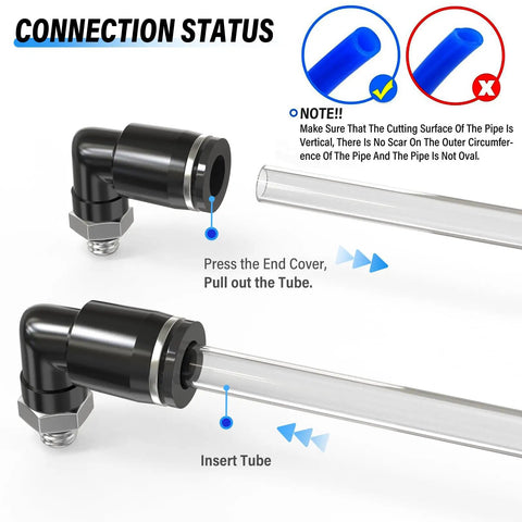 Connection steps for 6mm Tube OD To M5 Male Elbow Push To Connect Pneumatic Fittings, showing insert and pull actions.