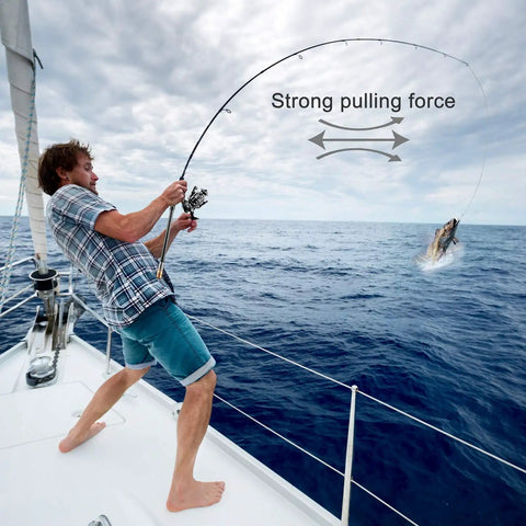 Angler demonstrating the strong pulling force of Carbon Fiber Telescopic Fishing Rod Kit With Spinning Reel, 2.1M All In One Gear Set.