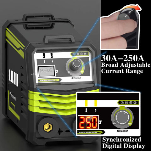 Portable 110V 250A MMA ARC Welder for Home DIY with digital display and adjustable current knob, lightweight and compact design