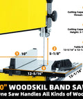 Close-up of 10 Inch Dual Speed Band Saw with stand, showcasing table size and cutting capacity for hardwood and softwood cutting.