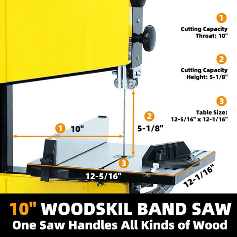 Close-up of 10 Inch Dual Speed Band Saw with stand, showcasing table size and cutting capacity for hardwood and softwood cutting.