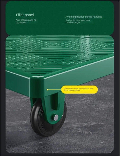 Heavy Duty Folding Platform Cart With Push Handle Built Like A Workhorse For Hauling And Loading Anti Slip Deck Quiet Wheels Easy Fold Ideal For Warehouse Garage And Workshop Transport, green anti-slip corner wheel close-up