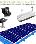 Solar Panel Mounting Kit for Four Panels With 4.72 Inch Rails in Black and Silver, Includes End Clamps and T Shaped Middle Clamps for a Secure Rooftop Install