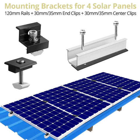 Solar Panel Mounting Kit for Four Panels With 4.72 Inch Rails in Black and Silver, Includes End Clamps and T Shaped Middle Clamps for a Secure Rooftop Install