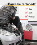 Mechanic working under car hood next to checklist for size, amp, and voltage of 20 Pack 15A Automotive Blade Fuses For RV, Truck, SUV.