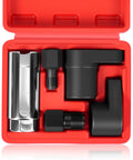 Five Piece Oxygen Sensor Socket Set With Universal 6 Point 22mm Openings in red case, showing sockets and thread chasers for cars.