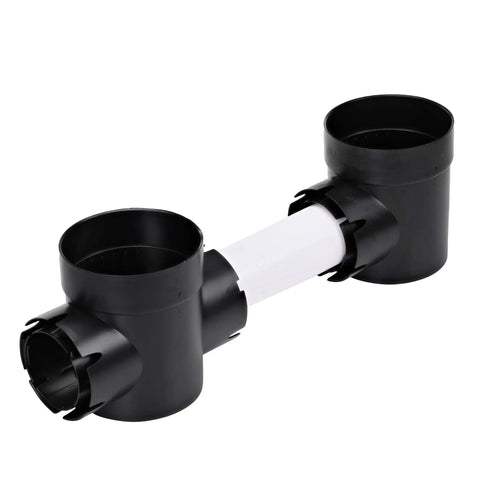 Spee-D Round Catch Basin Drain With One Outlet, black plastic connectors visible, suitable for connecting 3 and 4 inch pipes.