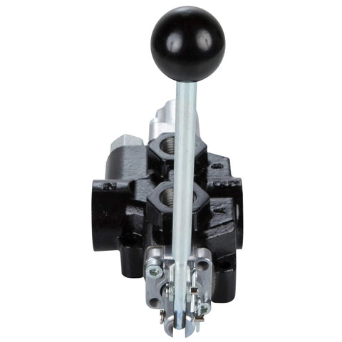 Front view of 18 GPM Hydraulic Log Splitter Valve With Auto Return Detent And Relief Control Lever, 3000 PSI, Beefy Heavy Duty Metal Build For Rugged Wood Splitting Tasks