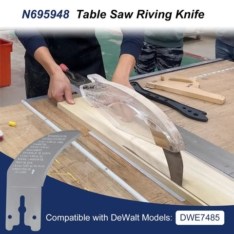 Top Tier Table Saw Riving Knife Kickback Shield Compatible With Dewalt Dwe7485 on table, showing precision ground steel blade.