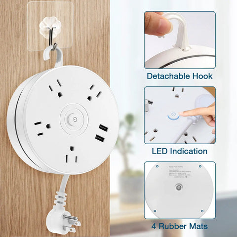 Retractable Power Strip With A 5 Ft Cord, Surge Protector Featuring 4 Outlets And 2 USB Ports, detachable wall hook visible