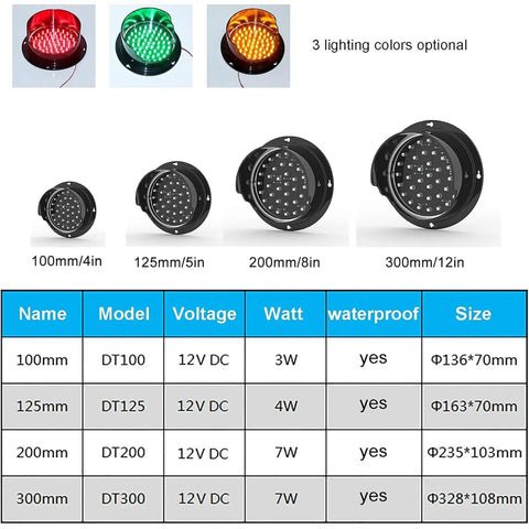 Pro Grade Twelve Volt LED Traffic Light Wall Lamp Features Sun Visor And Rock Solid Three Color Switching Design Perfect For Garage Or Loading Dock Bringing Hella Smooth Street Vibes, showing sizes and specifications.
