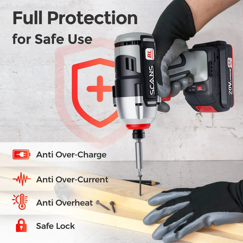 Cordless Impact Driver Set With 20V Brushless Power in use on wood, showing ergonomic grip and safety features.